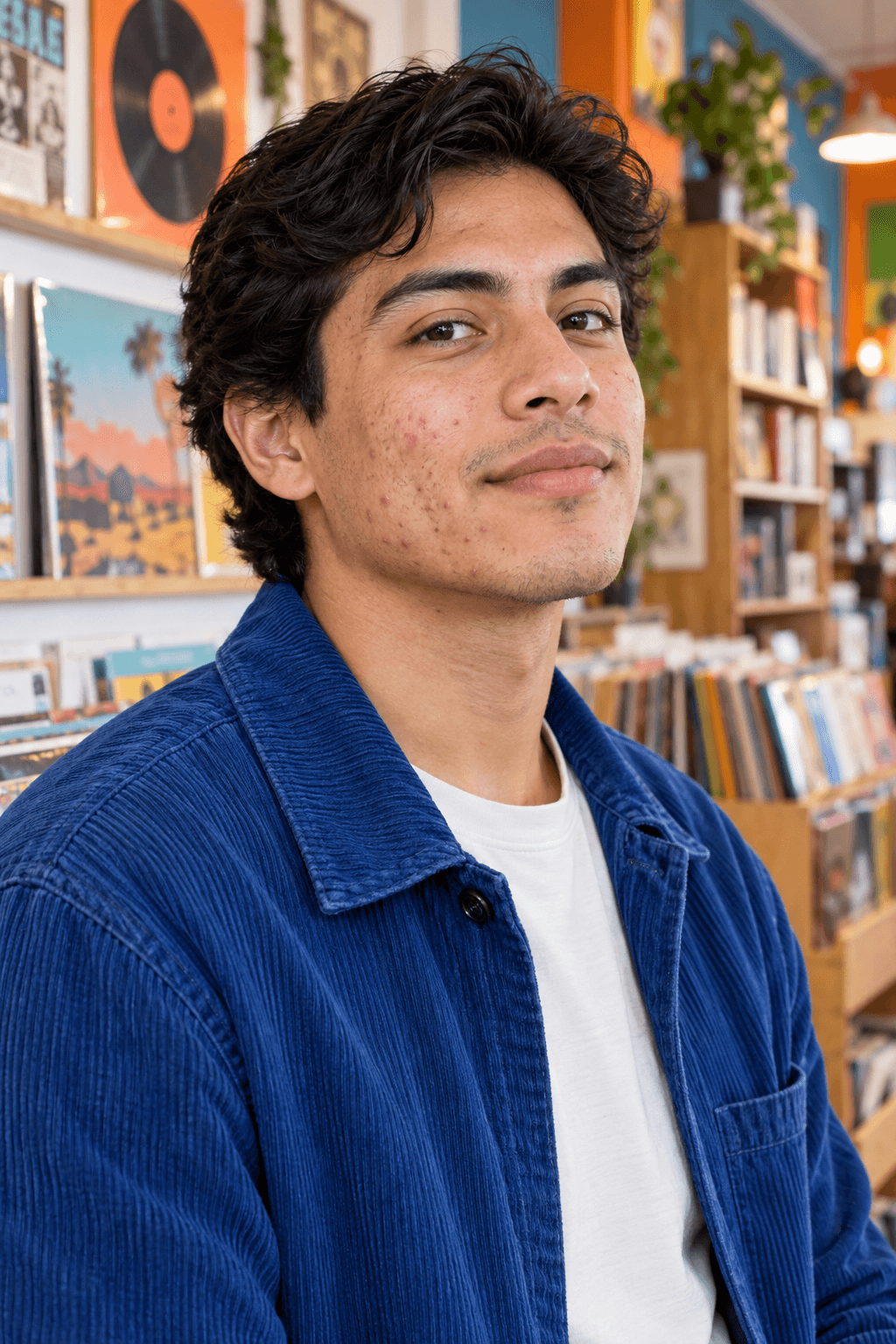 Young man with mild to moderate acne on his cheeks in a bright independent record and book shop