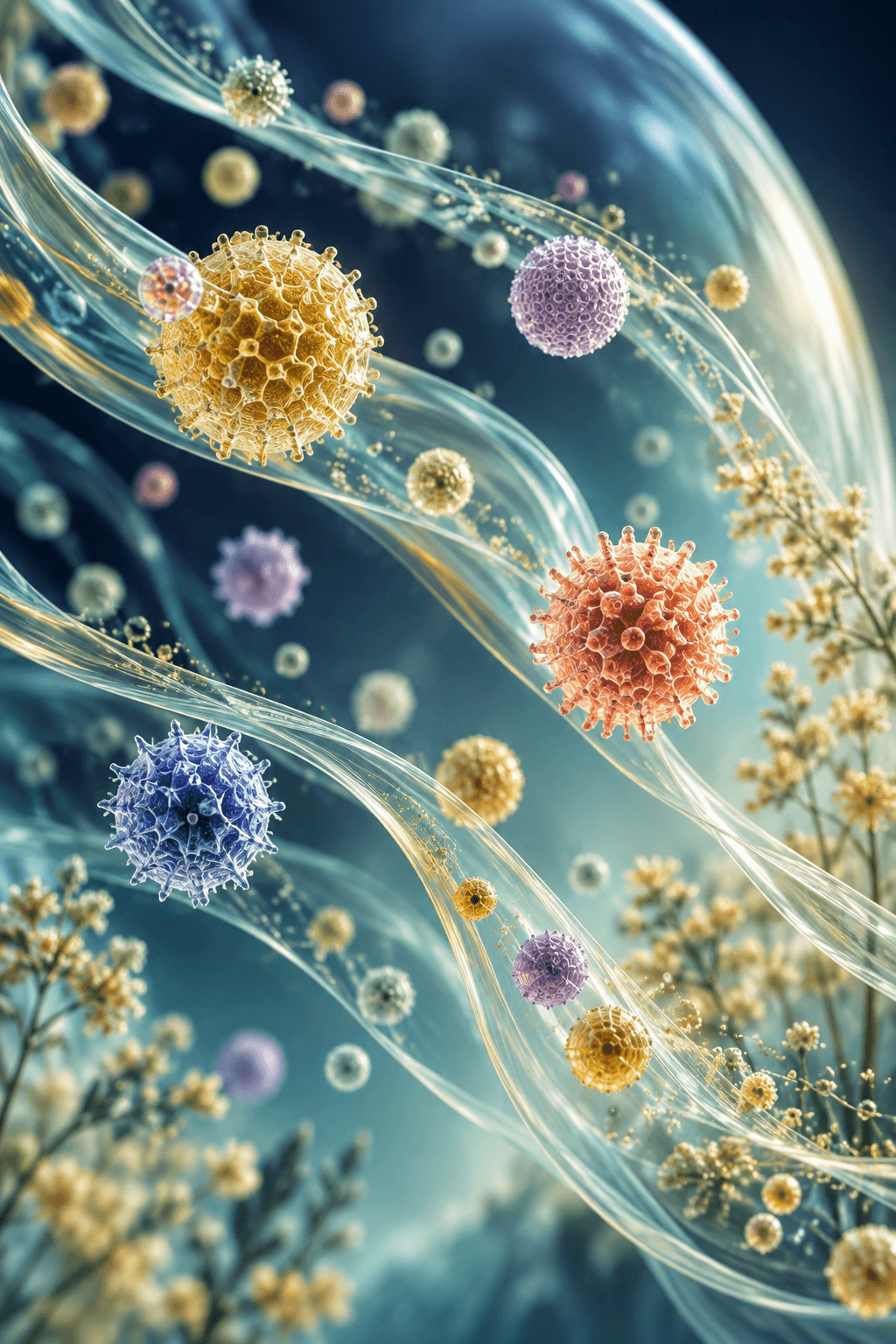 Abstract translucent pollen-like spheres moving along flowing glass ribbons