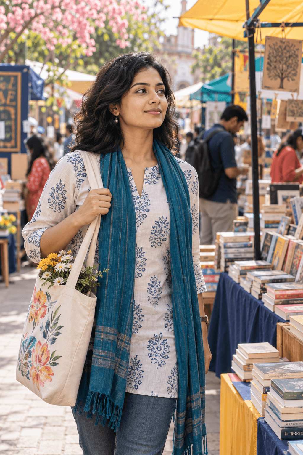 Indian woman walking through a colourful open-air weekend book market