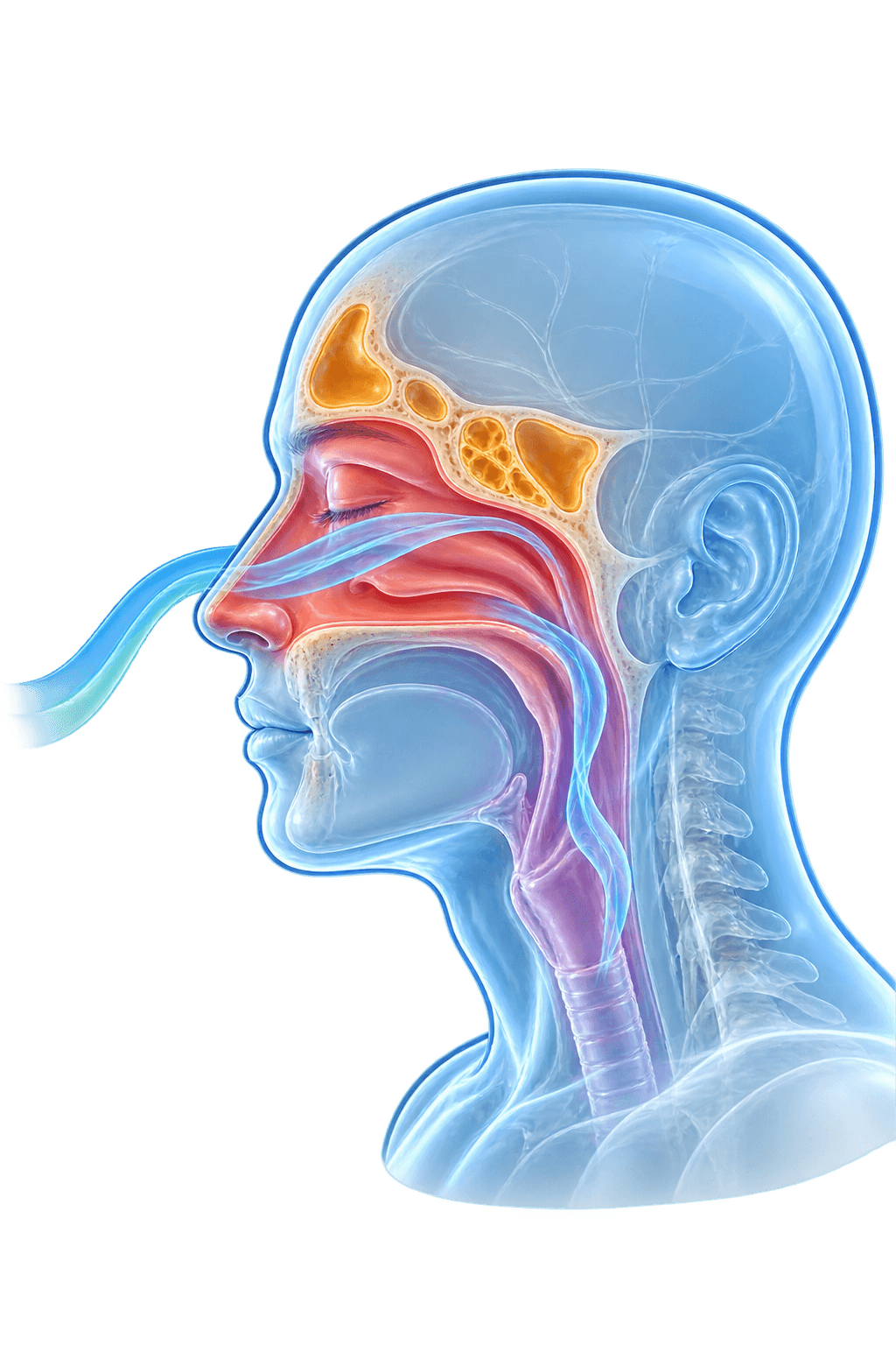 Transparent side-profile head anatomy with nasal passages, sinuses, and soft airflow ribbons