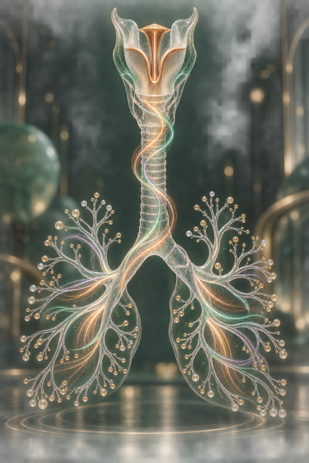 Abstract glass larynx and branching airway sculpture with delicate coloured resonance ribbons