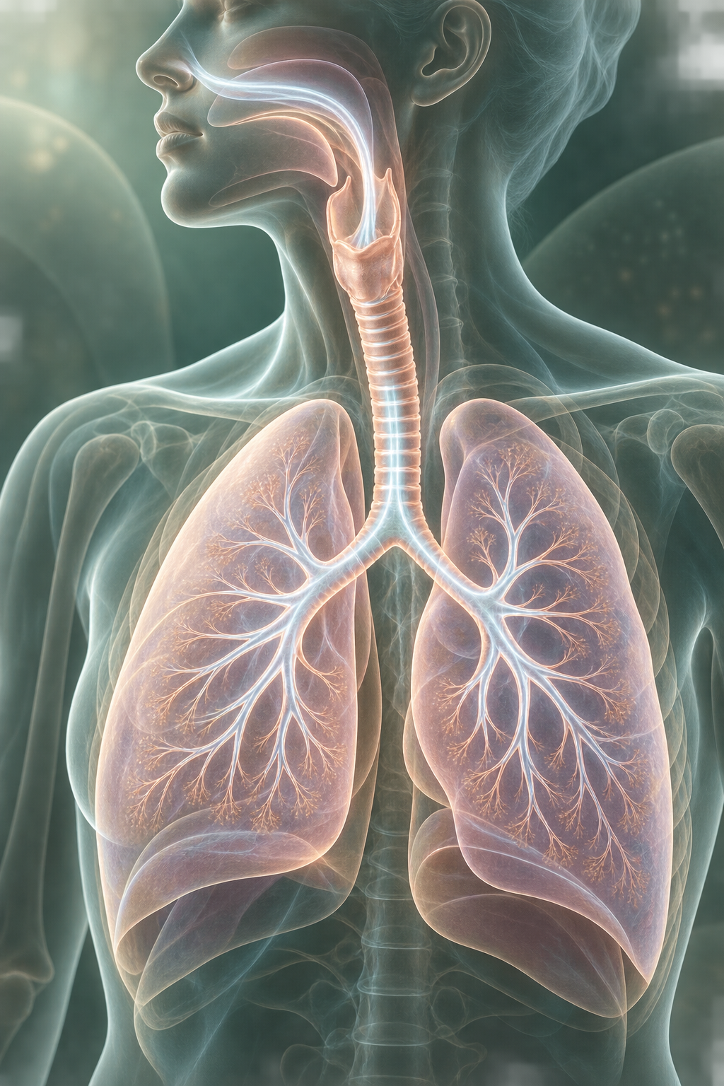 Transparent throat-to-chest anatomy showing the larynx, trachea, bronchi, and lungs