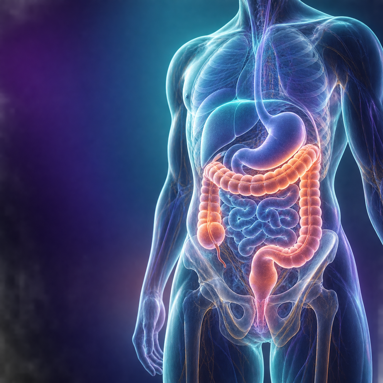 Transparent multicolour torso showing the large intestine and pelvic digestive tract