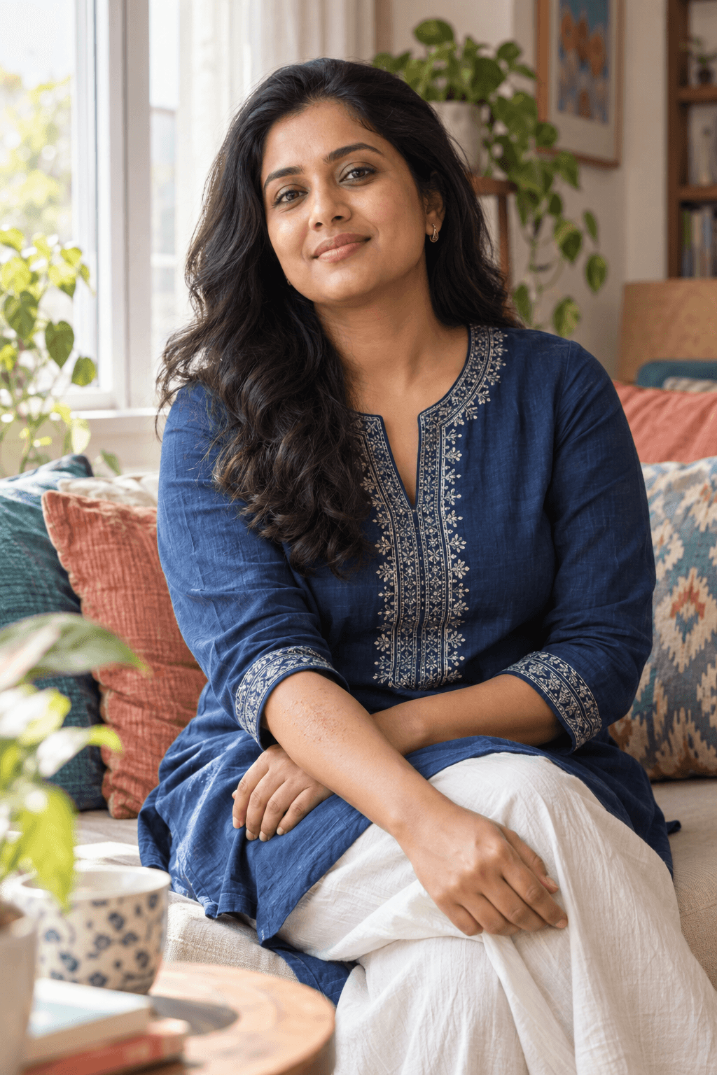 Indian woman with a mild eczema patch on her forearm seated calmly by a bright home window