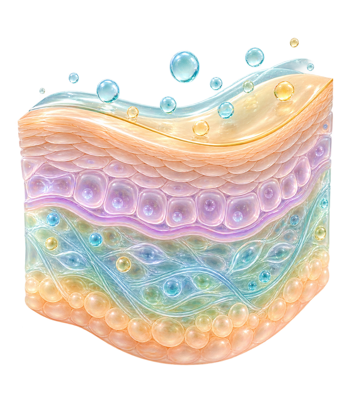 Transparent pastel skin layers with gentle moisture-like droplets and a luminous surface