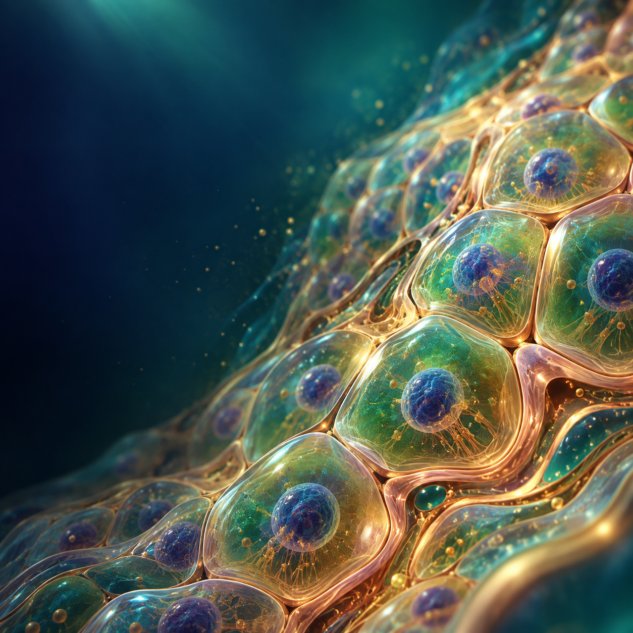 Abstract microscopic-style landscape of translucent liver-cell-like forms