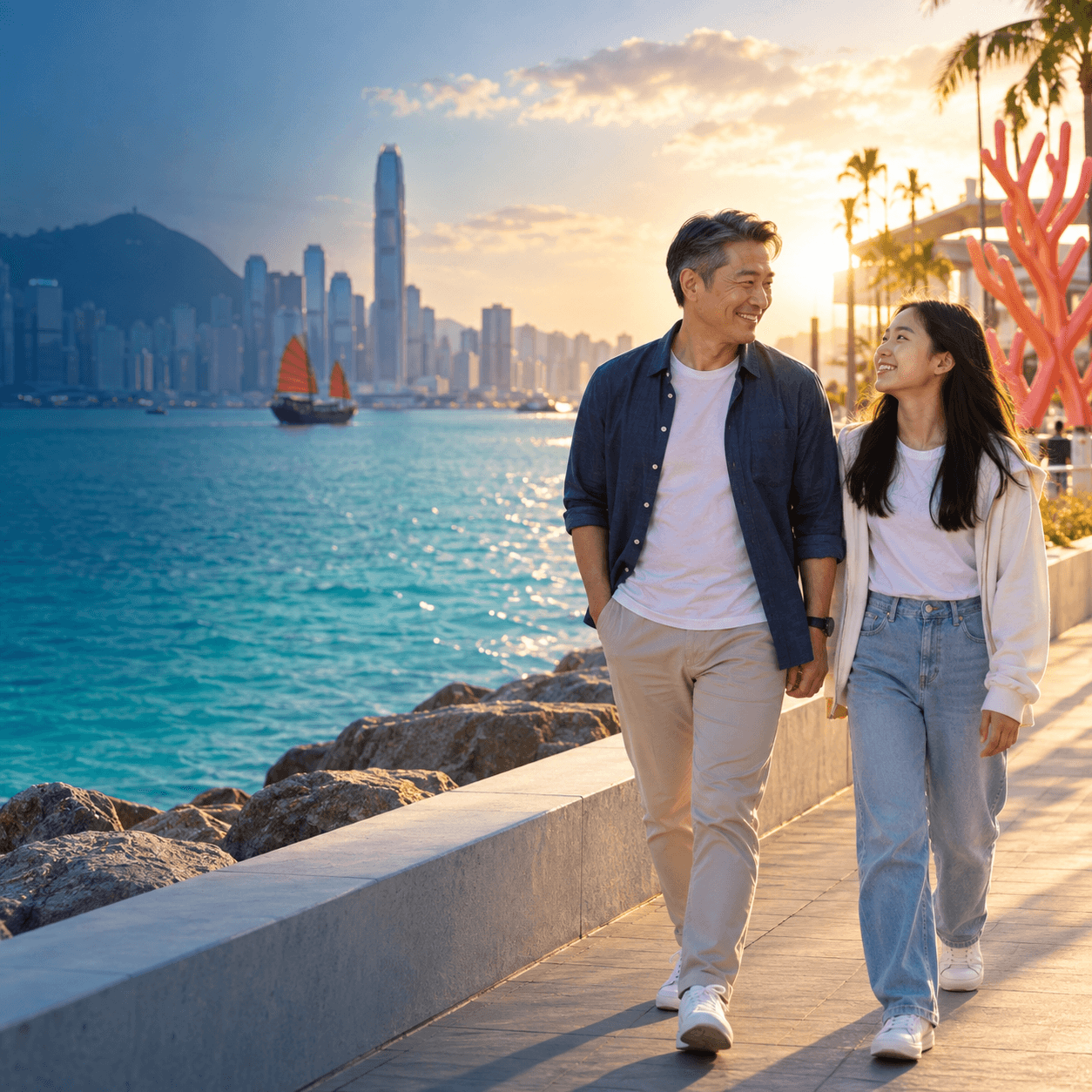 Father and daughter taking an easy stroll along a colourful waterfront promenade