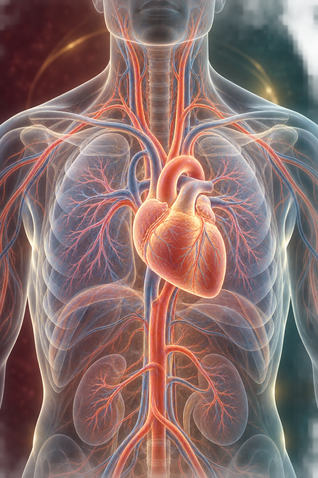 Transparent upper-torso anatomy showing the heart, great vessels, and branching arteries