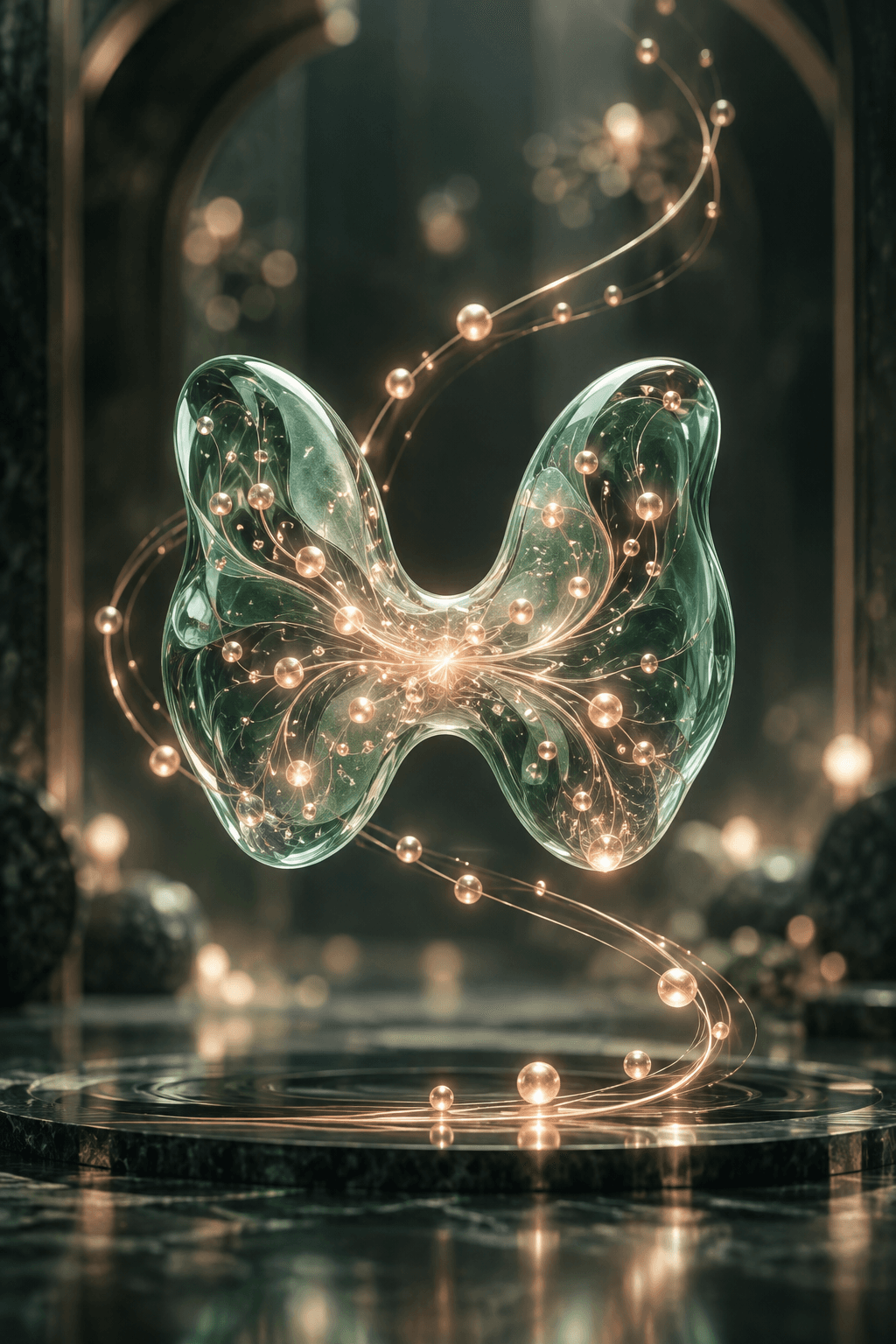 Abstract emerald glass thyroid-inspired form with rose-gold luminous signalling pathways