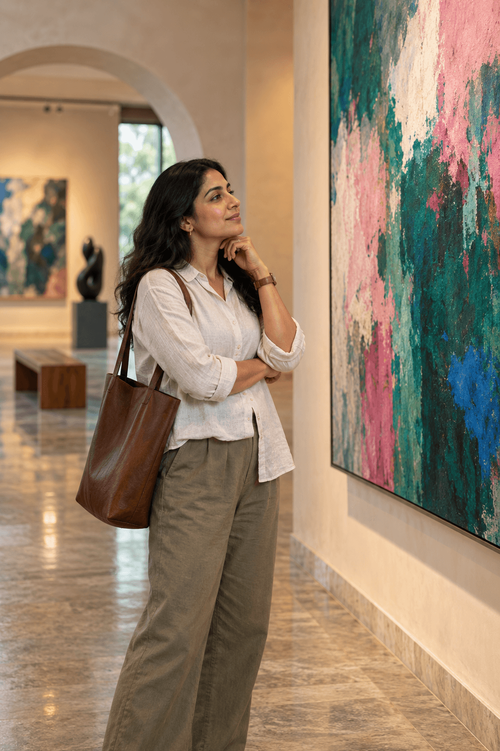 Indian woman viewing a colourful abstract painting in a contemporary art gallery