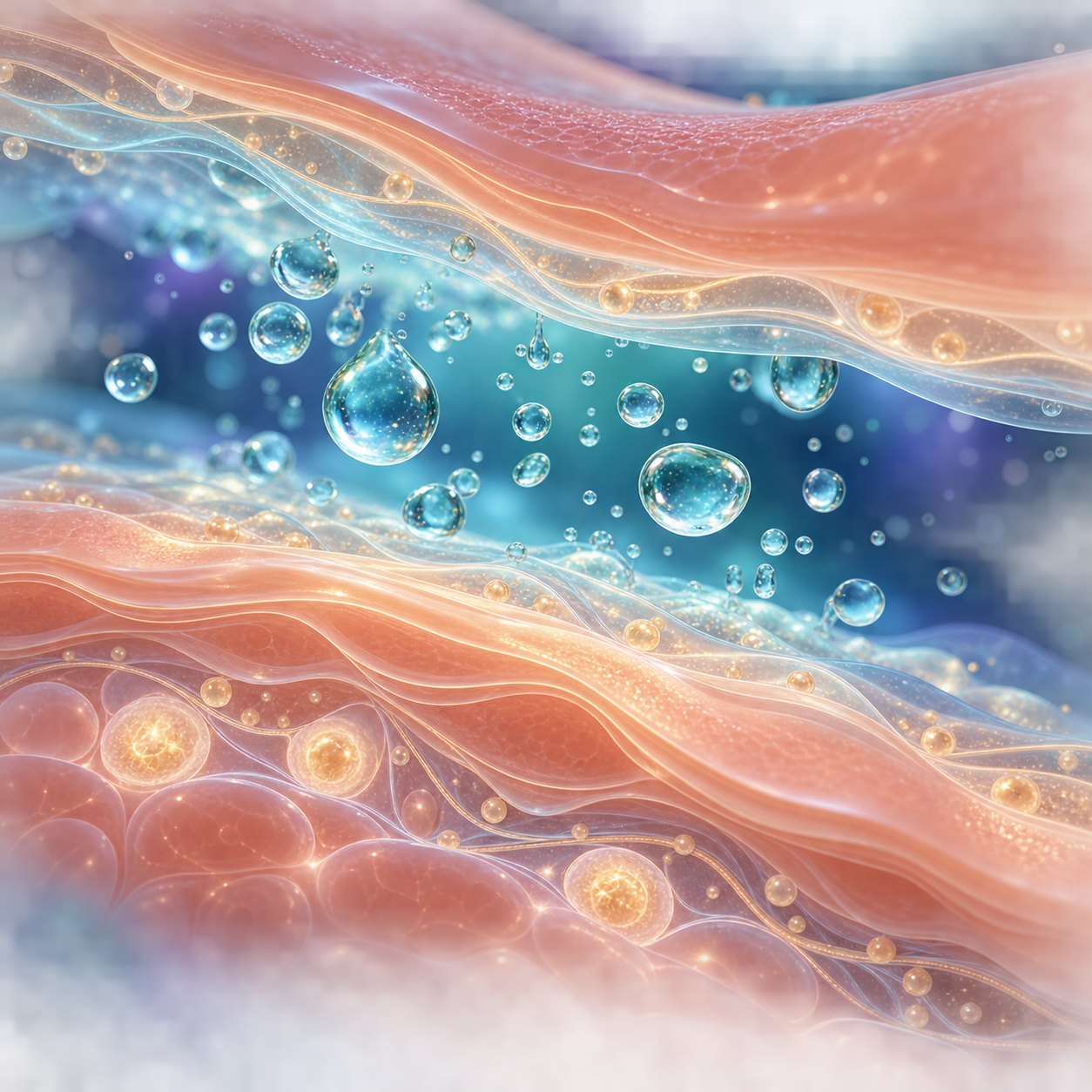 Abstract translucent skin-like planes separated by clear aqua moisture droplets