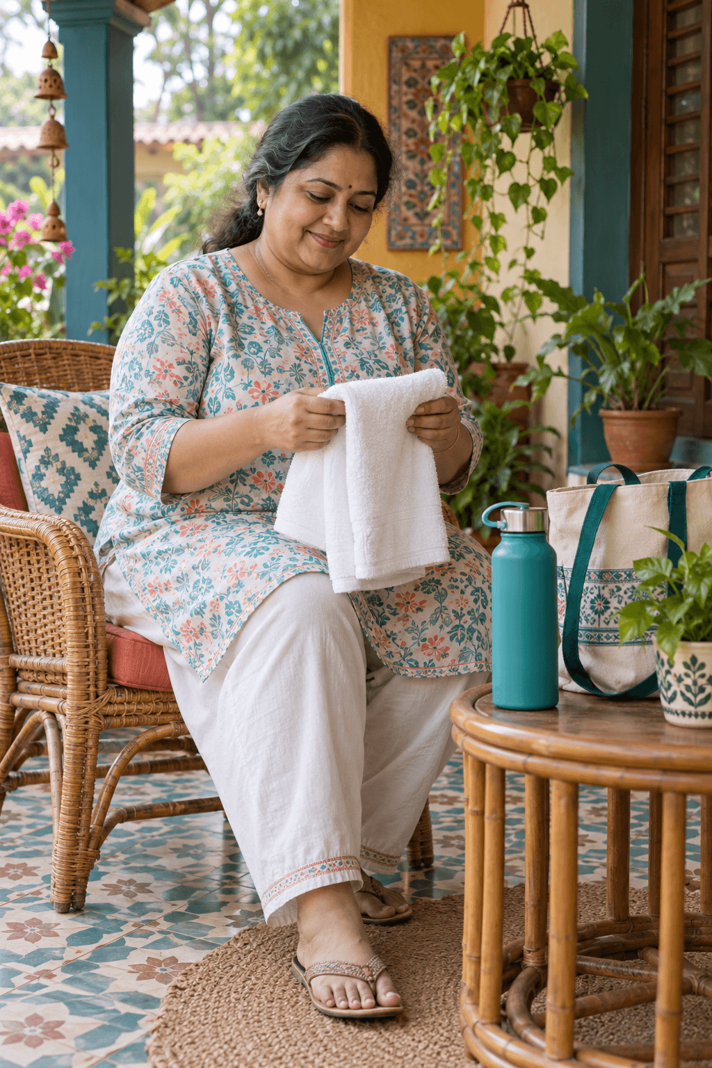 Indian woman preparing a clean towel and water for a comfortable cooling-and-drying routine at home