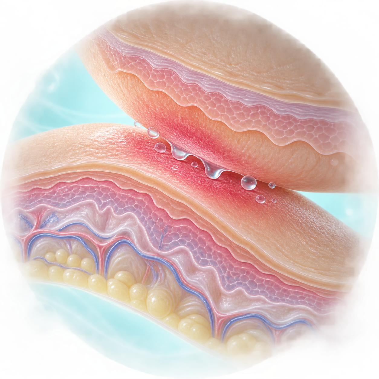 Transparent skin-fold illustration showing mild irritation and moisture between skin surfaces