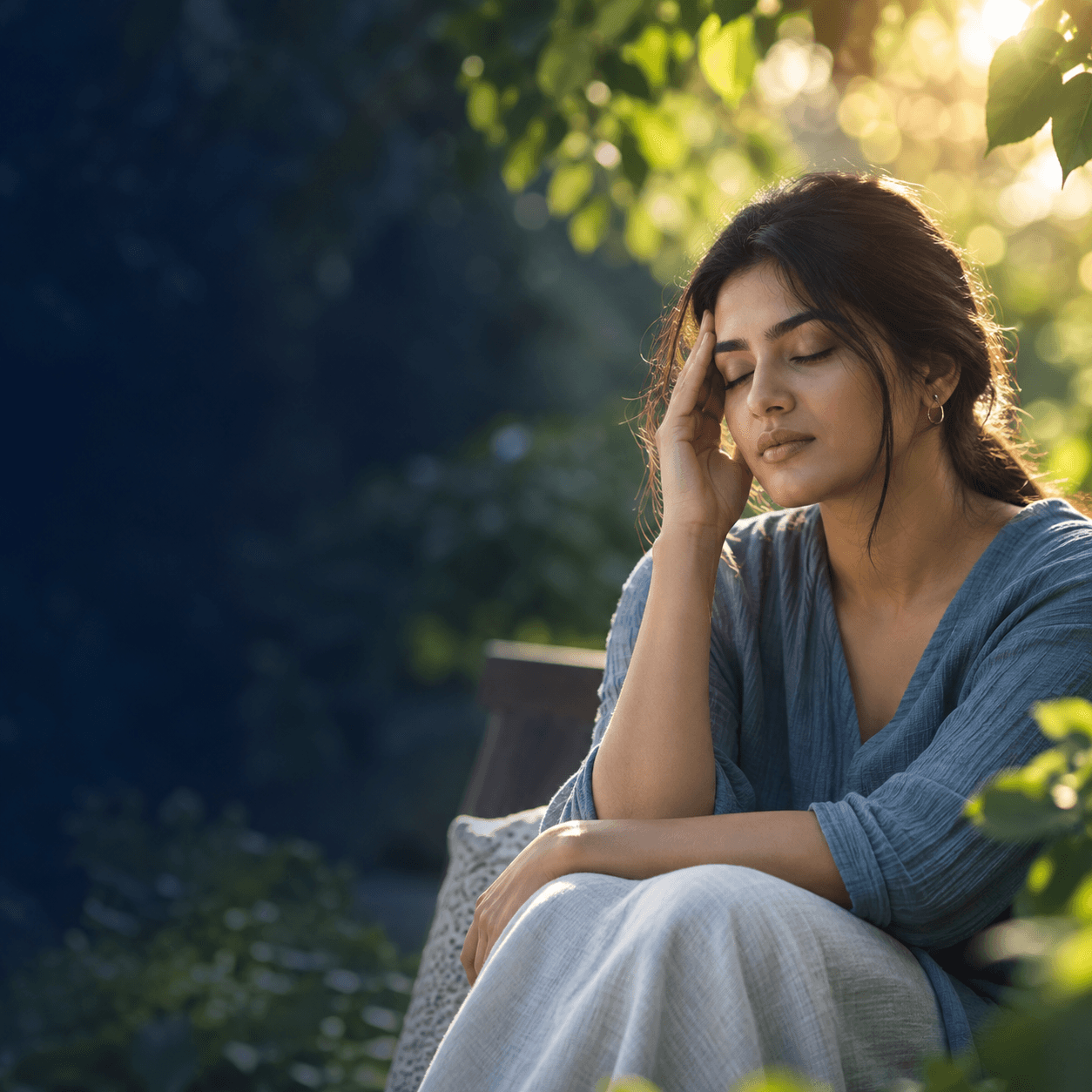 Person resting in a leafy outdoor setting with one hand gently at the temple