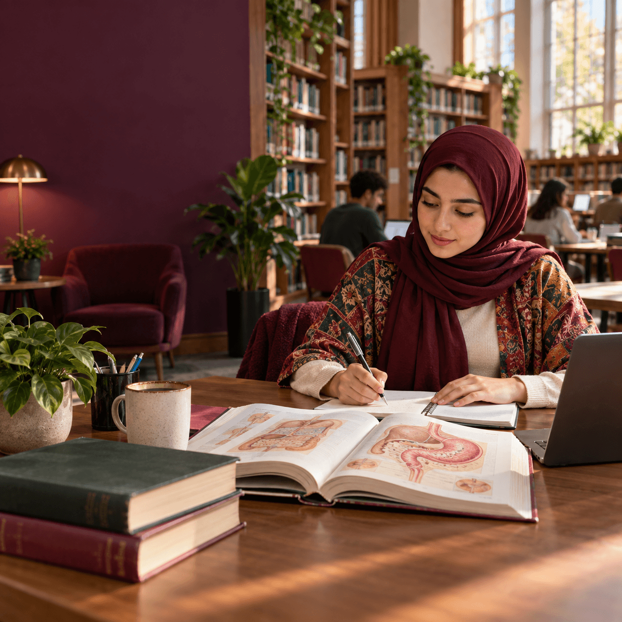 Student studying anatomy at a sunlit university library