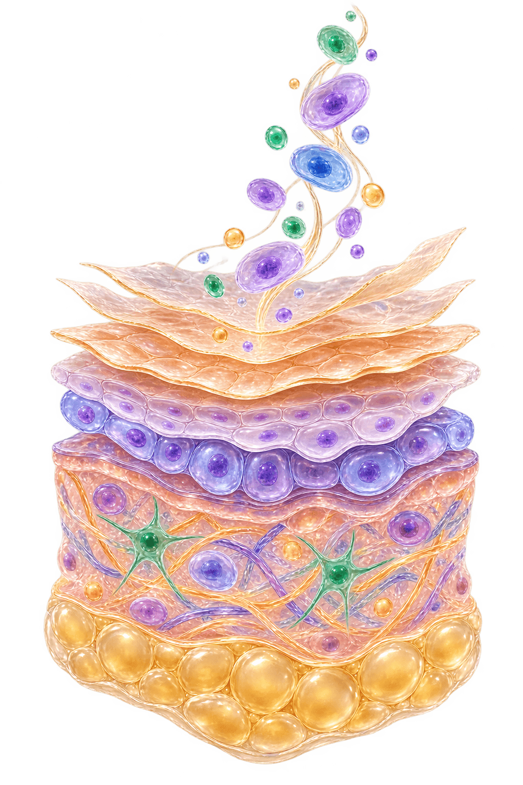 Transparent colourful layers of skin with stylised cellular forms rising above the surface