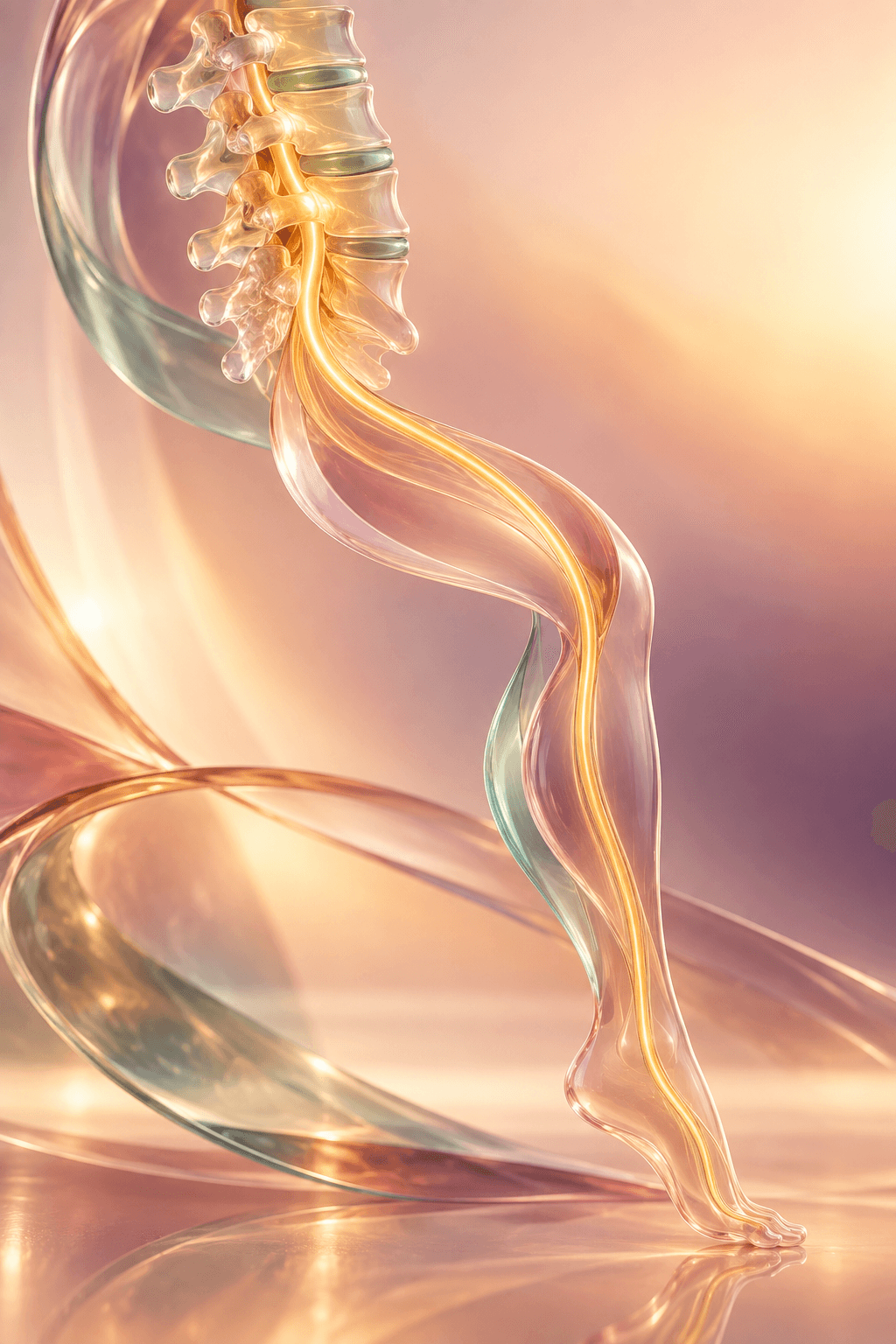 Warm glass sculpture of lumbar vertebrae flowing into a leg-shaped nerve pathway