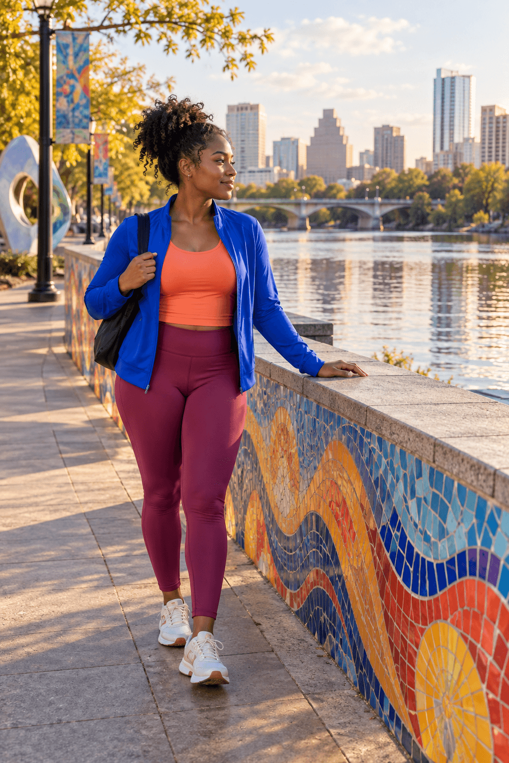 Young woman enjoying a relaxed walk along a colourful riverside public-art walkway