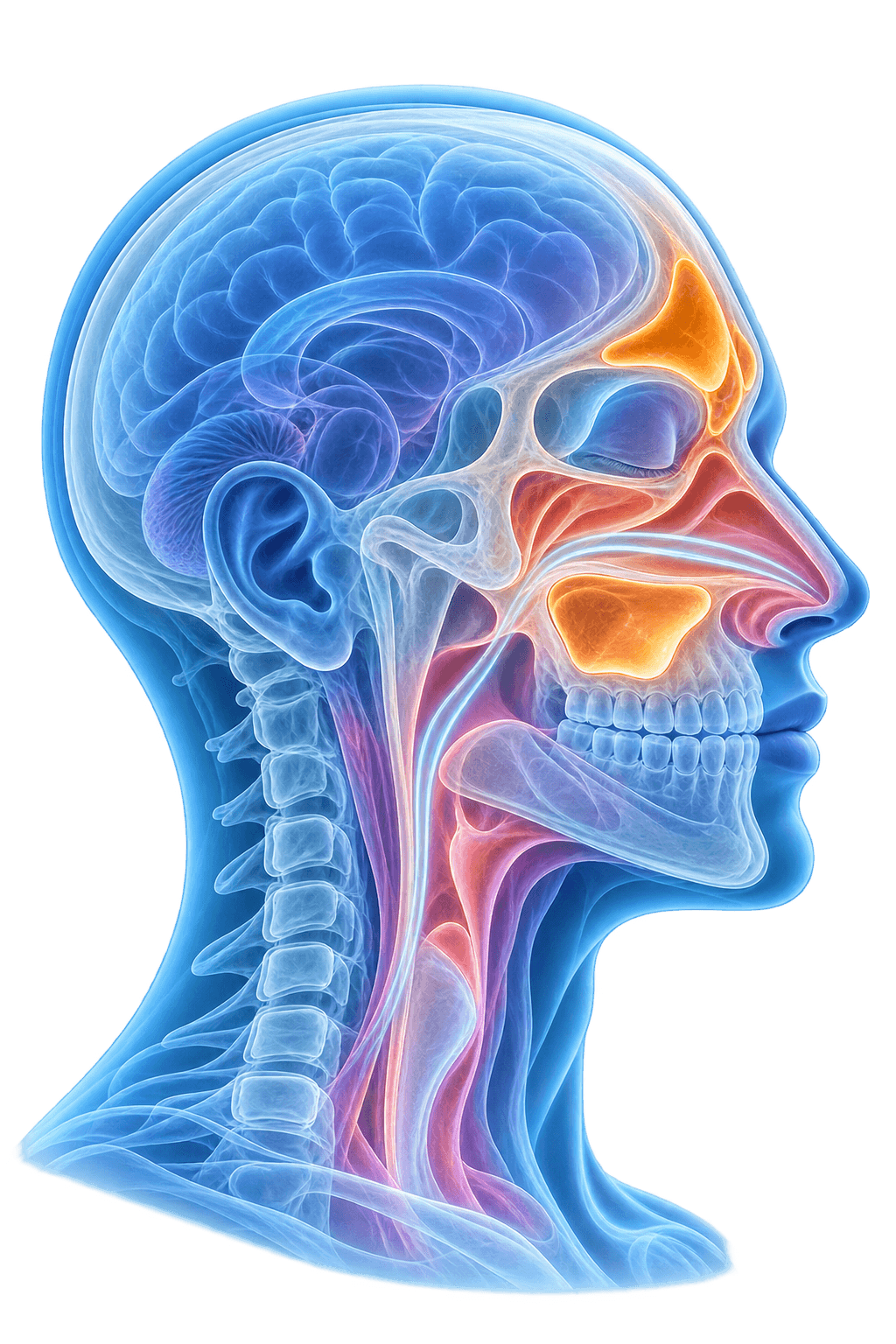 Transparent side-profile head anatomy with frontal and maxillary sinuses softly illuminated