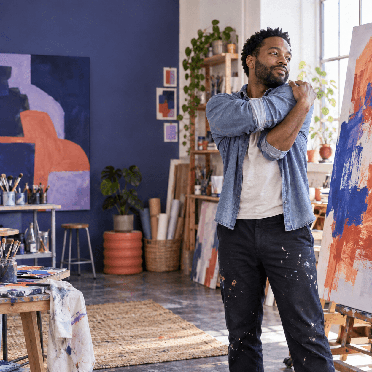 Graphic designer taking a relaxed shoulder stretch in a colourful daylight art studio