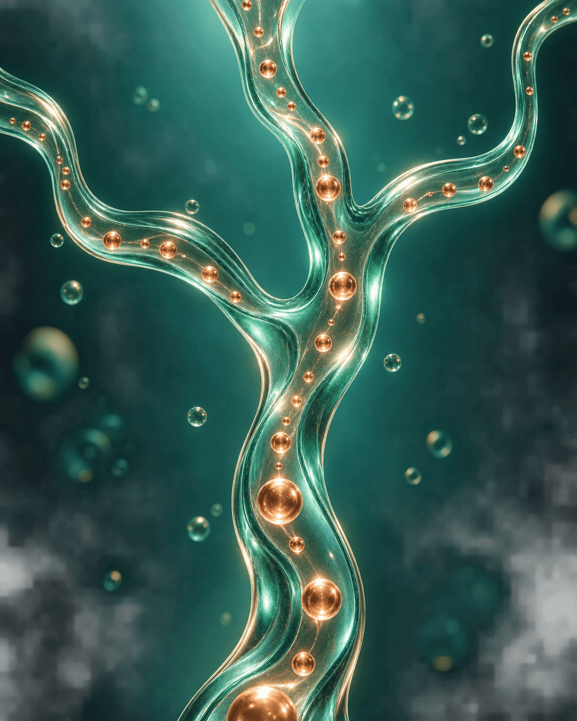Abstract emerald glass pathways carrying luminous copper droplets through a deep teal space