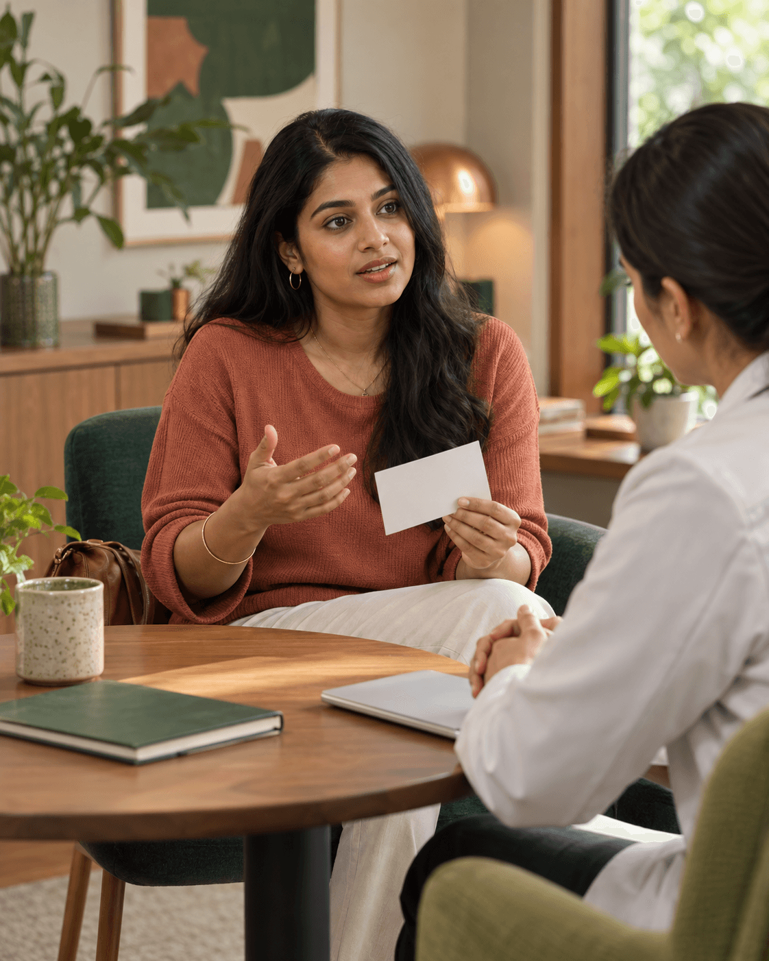 Indian woman leading a question-focused conversation with a clinician in a calm consultation room
