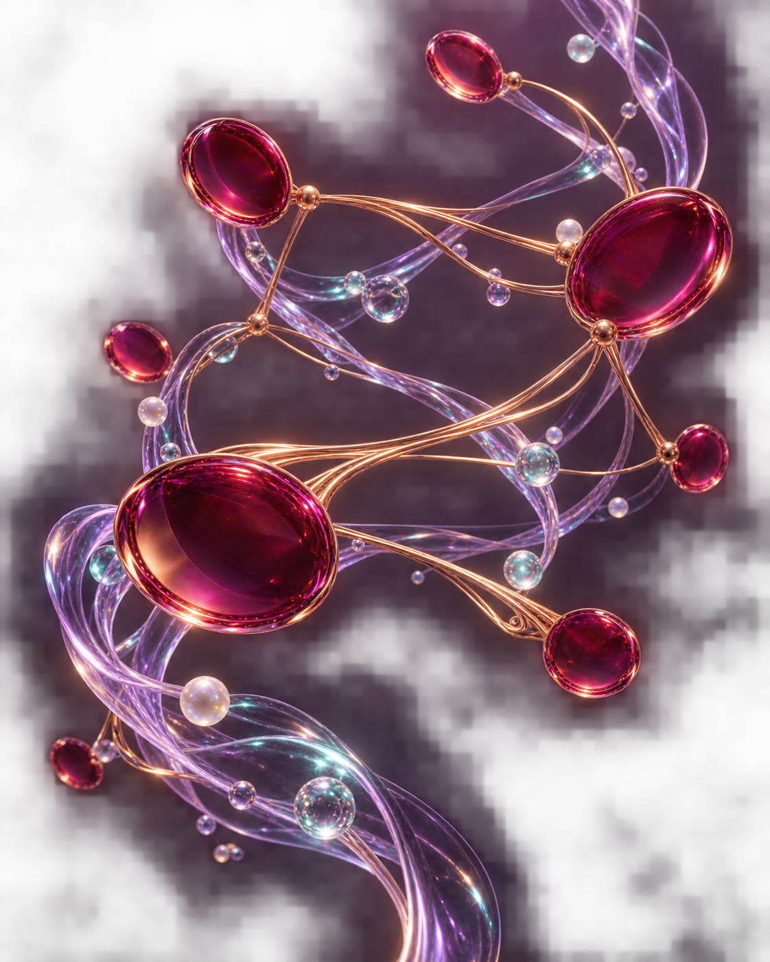 Abstract copper pathways weaving between ruby discs and violet glass filaments