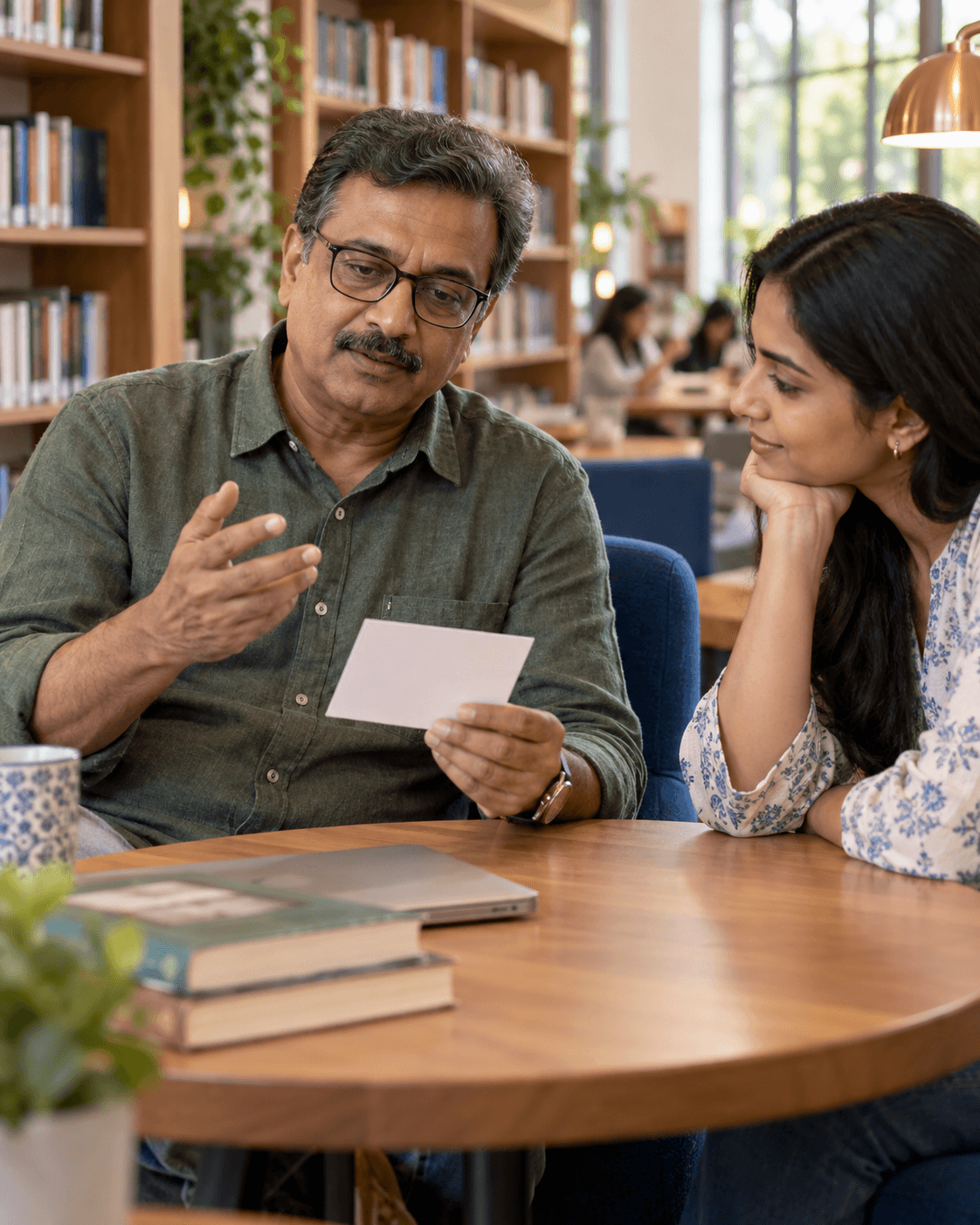 Indian man leading a personal question conversation with his adult daughter in a community library