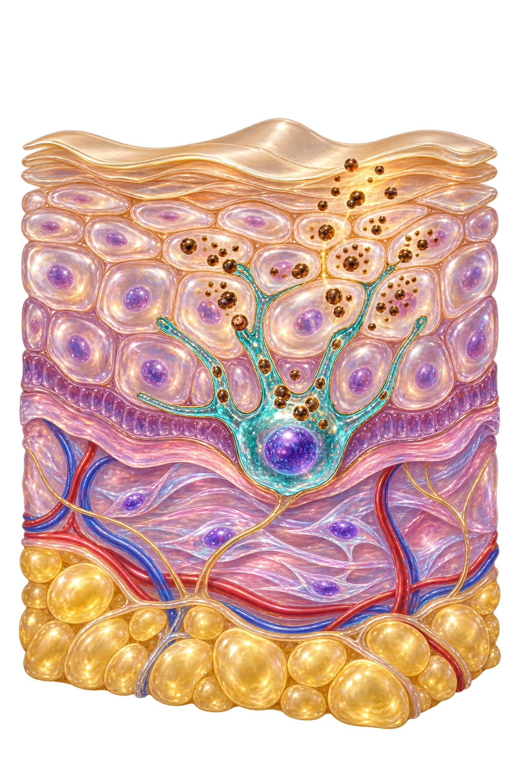 Transparent skin layers with luminous melanocyte-like cells and pigment particles