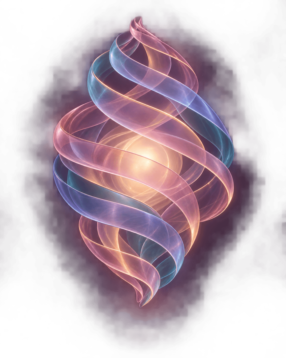 Abstract rose, periwinkle, and teal translucent ribbons gently wrapped around a luminous core