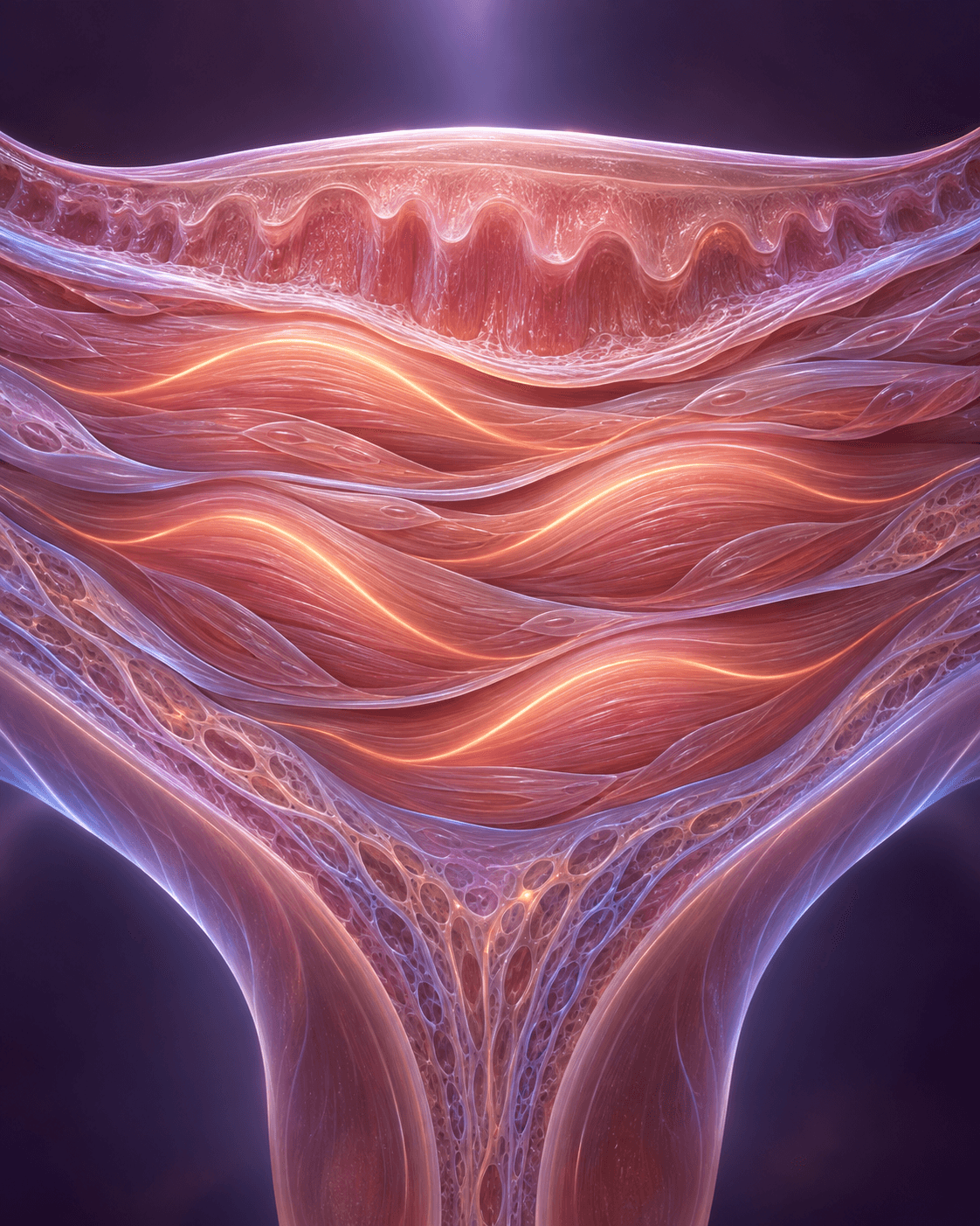 Close transparent educational cutaway of uterine muscle layers with gentle coral rhythmic waveforms