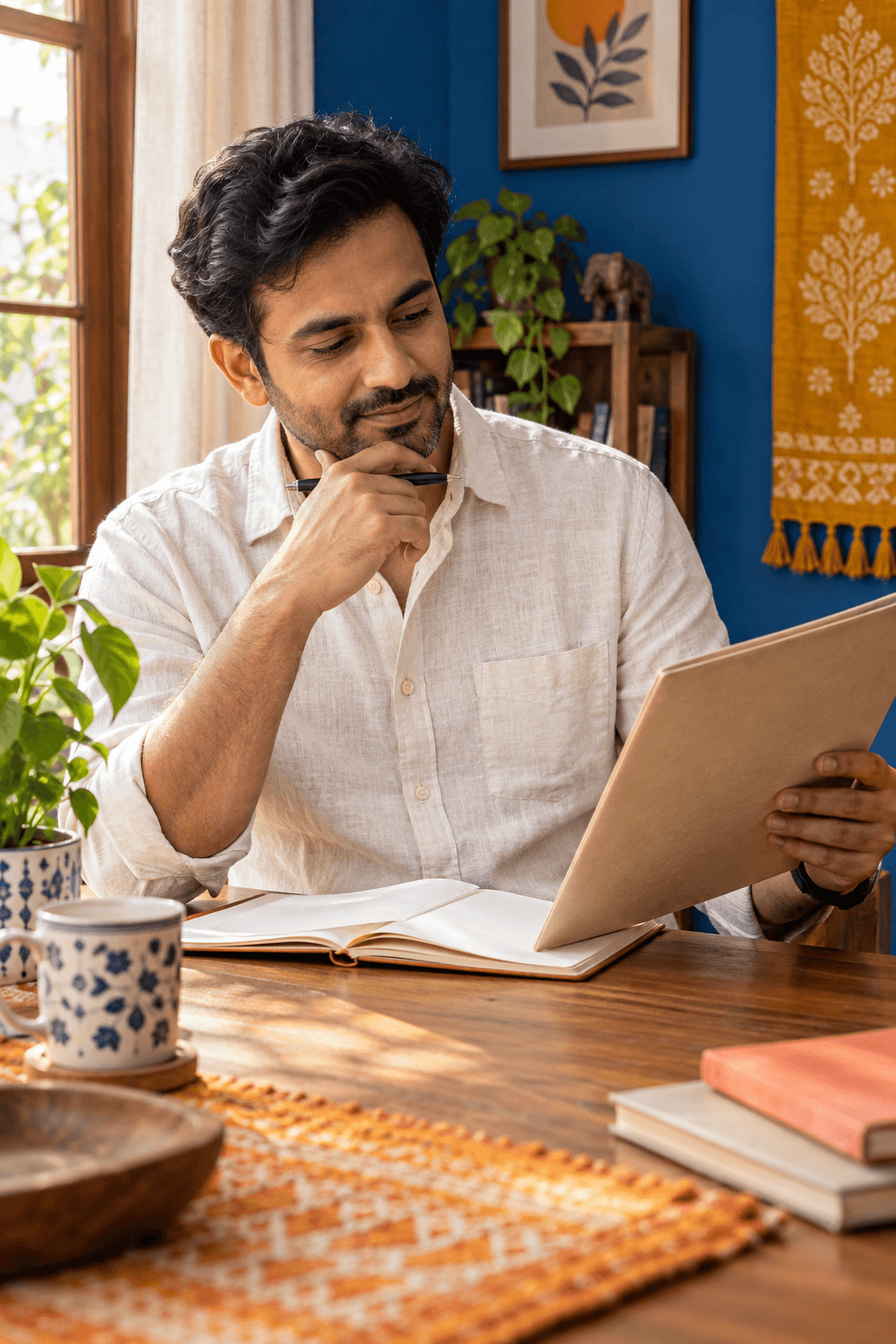 Indian man reviewing a personal journal and appointment folder at a sunlit home worktable