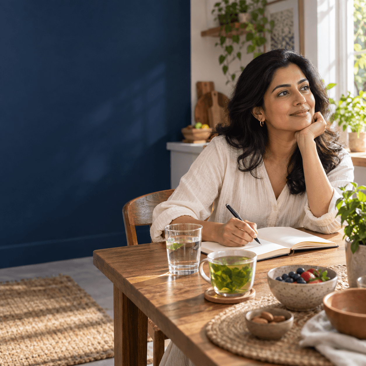 Person keeping a blank journal at a kitchen table beside water and herbal infusion