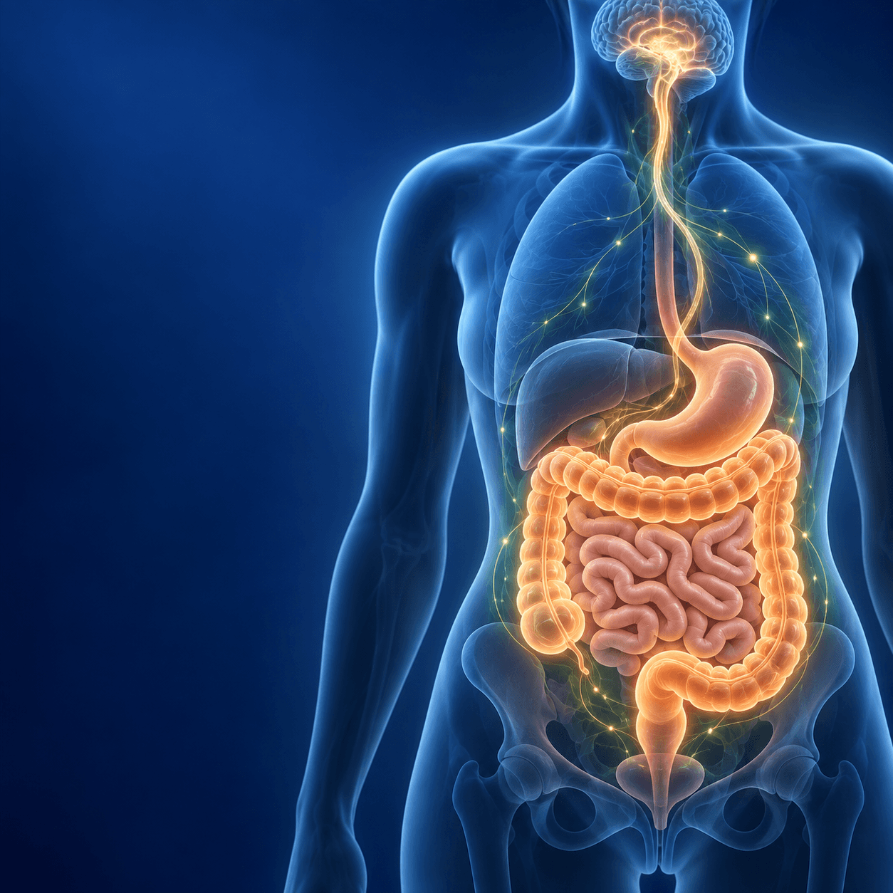Stylised view of the digestive system with a gentle gut–brain connection motif