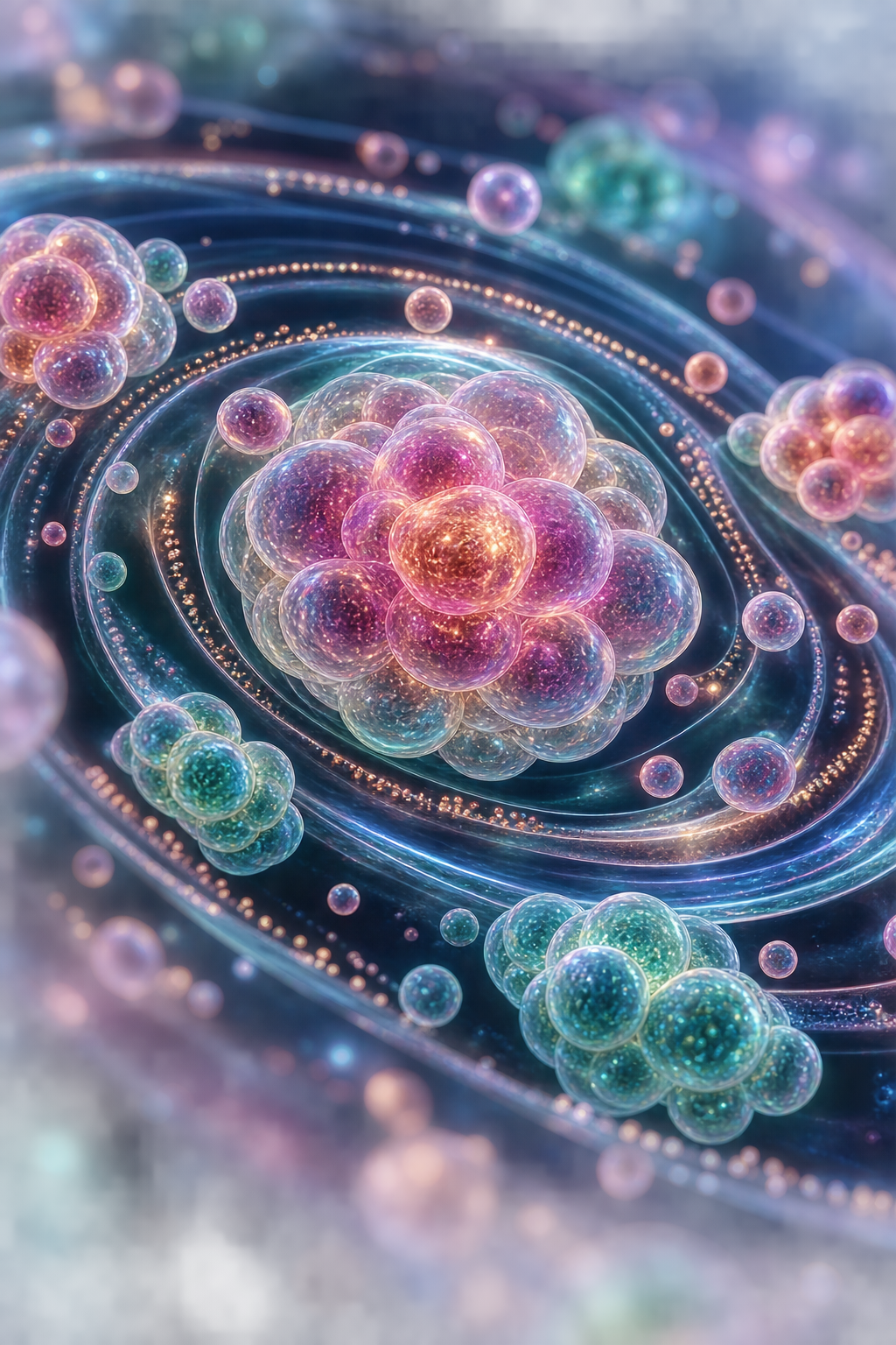 Abstract iridescent cell clusters moving through colourful concentric waves