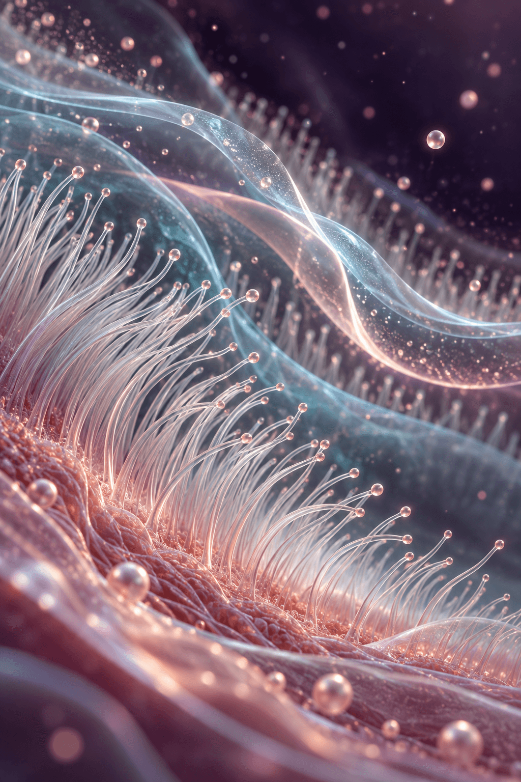 Abstract translucent cilia-like fibres with softly illuminated protective wave layers