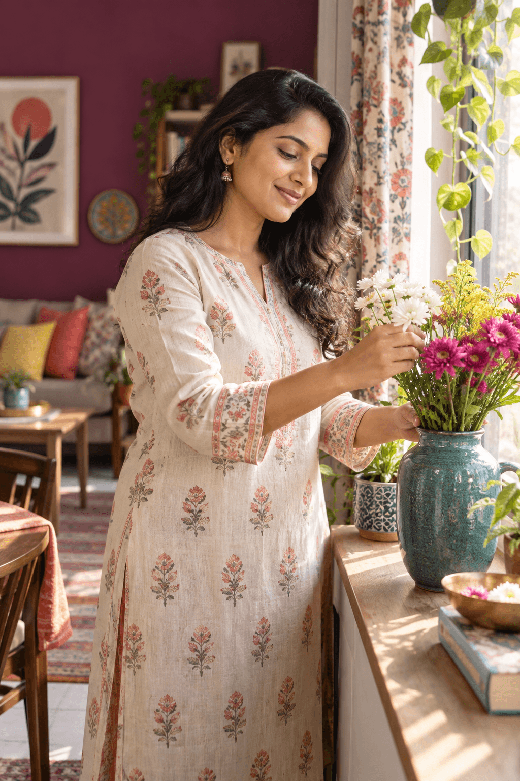 Indian woman arranging fresh flowers by a sunny window in a colourful home
