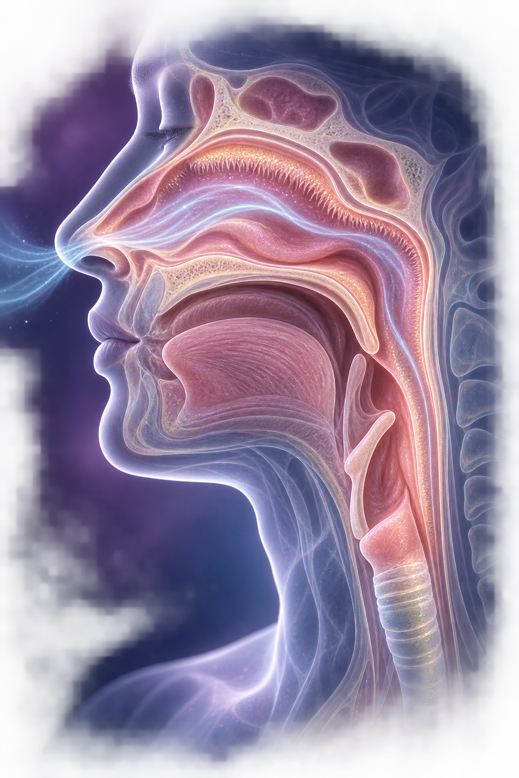 Transparent side-profile anatomy showing the nasal cavity, throat, and upper airway lining
